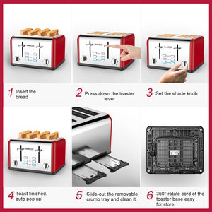 Toaster 4 Slice, Geek Chef Stainless Steel Extra-Wide Slot Toaster with Dual Control Panels of Bagel/Defrost/Cancel Function, 6 Toasting Bread Shade Settings, Removable Crumb Trays, Auto Pop-Up (Red)