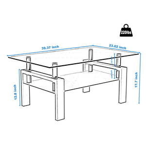 Rectangle Black Glass Coffee Table, Clear Coffee Table,Modern Side Center Tables for Living Room, Living Room Furniture