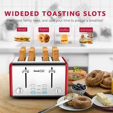 Load image into Gallery viewer, Toaster 4 Slice, Geek Chef Stainless Steel Extra-Wide Slot Toaster with Dual Control Panels of Bagel/Defrost/Cancel Function, 6 Toasting Bread Shade Settings, Removable Crumb Trays, Auto Pop-Up (Red)