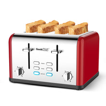 Load image into Gallery viewer, Toaster 4 Slice, Geek Chef Stainless Steel Extra-Wide Slot Toaster with Dual Control Panels of Bagel/Defrost/Cancel Function, 6 Toasting Bread Shade Settings, Removable Crumb Trays, Auto Pop-Up (Red)