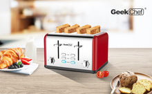 Load image into Gallery viewer, Toaster 4 Slice, Geek Chef Stainless Steel Extra-Wide Slot Toaster with Dual Control Panels of Bagel/Defrost/Cancel Function, 6 Toasting Bread Shade Settings, Removable Crumb Trays, Auto Pop-Up (Red)